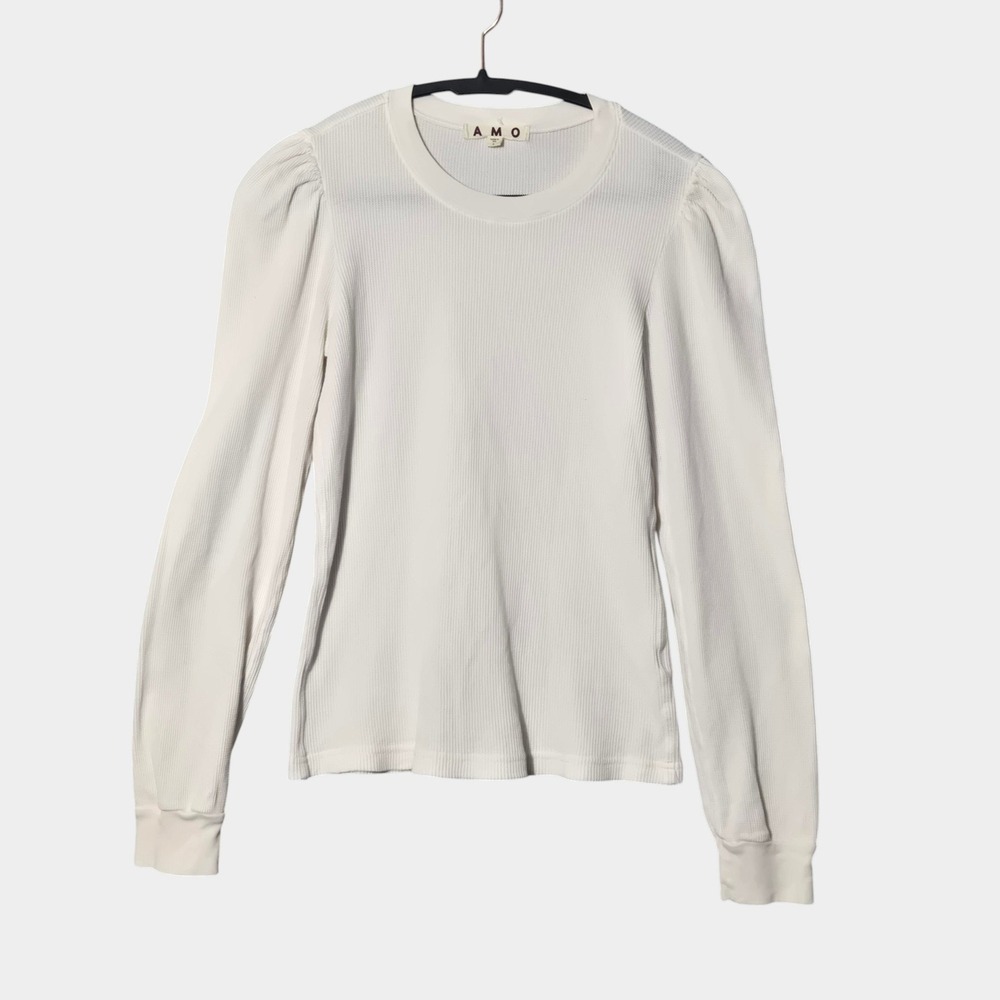 AMO Girly Thermal Waffle Knit‎ Puff Sleeve Top White L Minimalist Neutral Soft